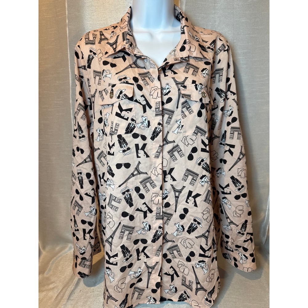 Karl Lagerfeld Paris Button Up Shirt Women's L/G Paris Eiffel Tower Cats Print
